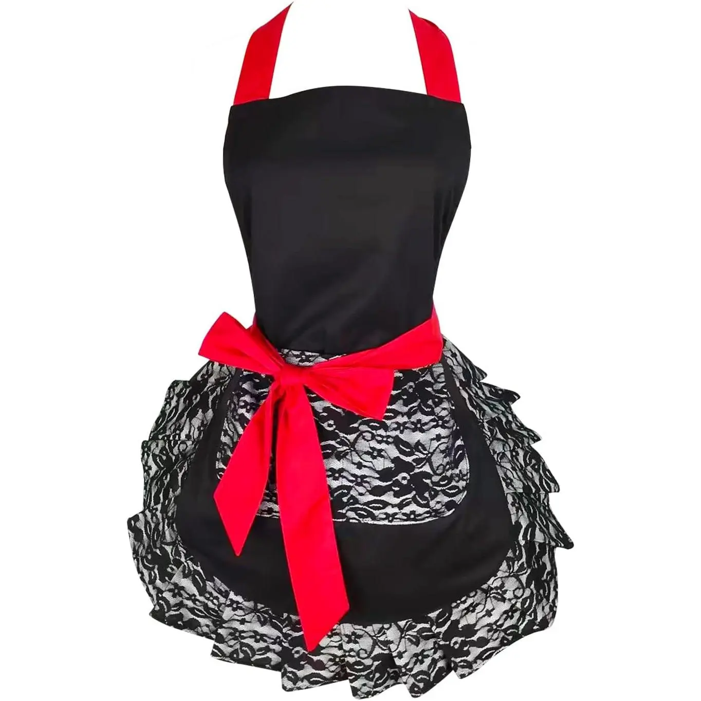 Black Lace Flirty Apron with Pocket, Fun Retro Sexy Cooking Pinup Aprons Women Girls