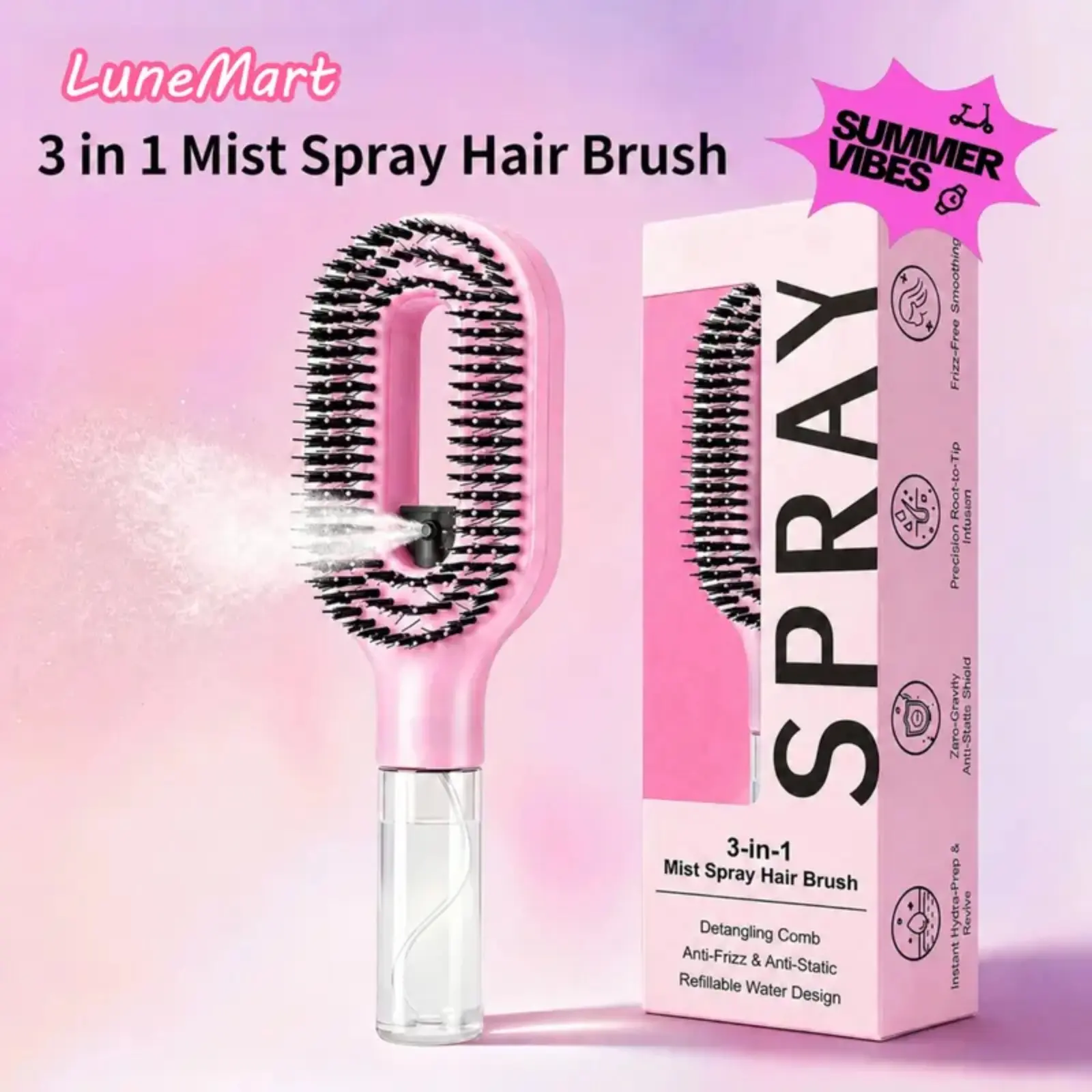 3 in 1 Mist Spray Hair Brush Ionic Detangling Comb Refillable 55ml Water Tank Dual Bristle Design Massage Tips for Dry Curly Thick Hair Set