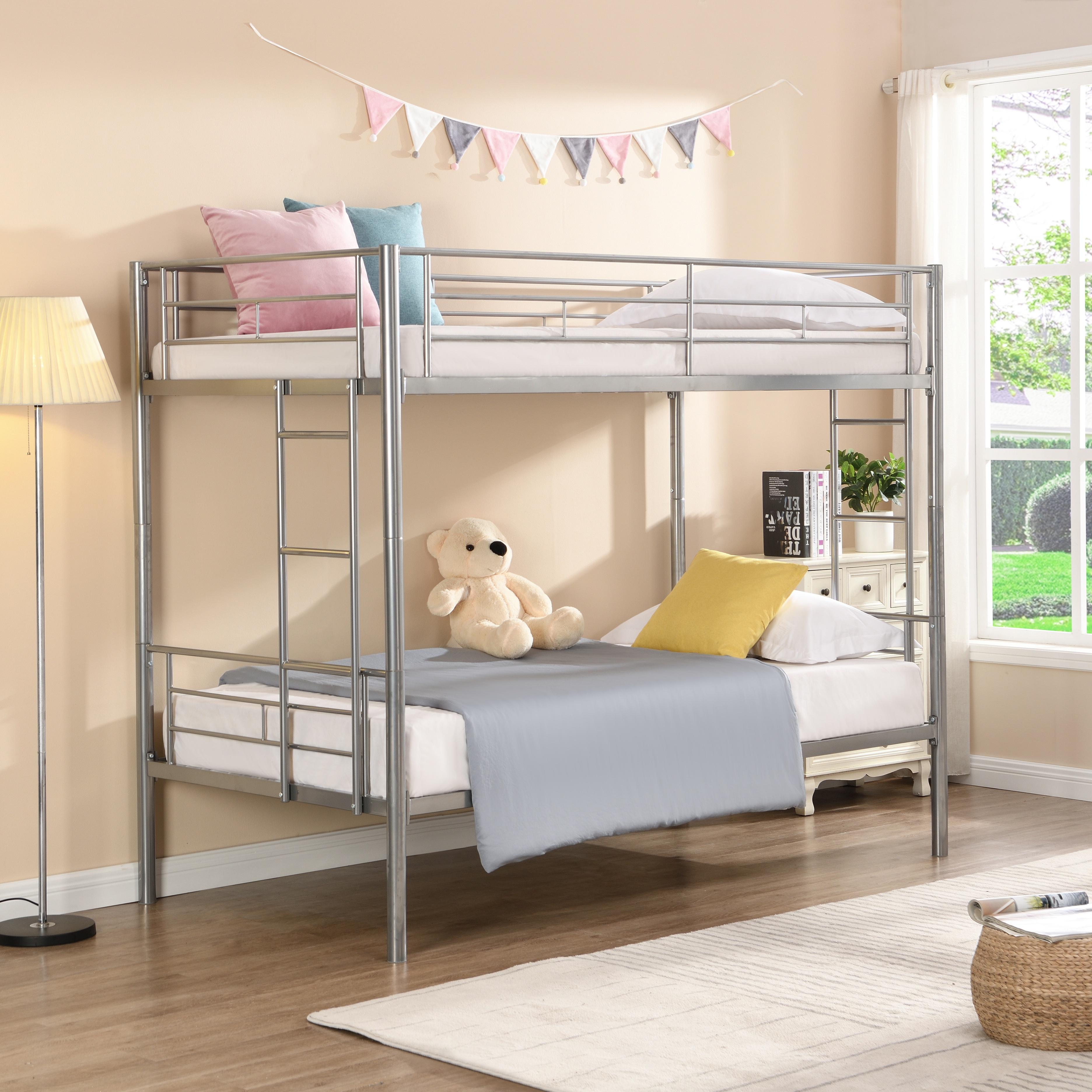 Twin Over Twin Bunk Bed with Built-in Ladder and Safety Guardrail, Heavy Duty Metal Bunkbeds, Convertible Metal Bunk Beds Twin, Space Saving, No Box Spring, Black/White/Pink/Silver