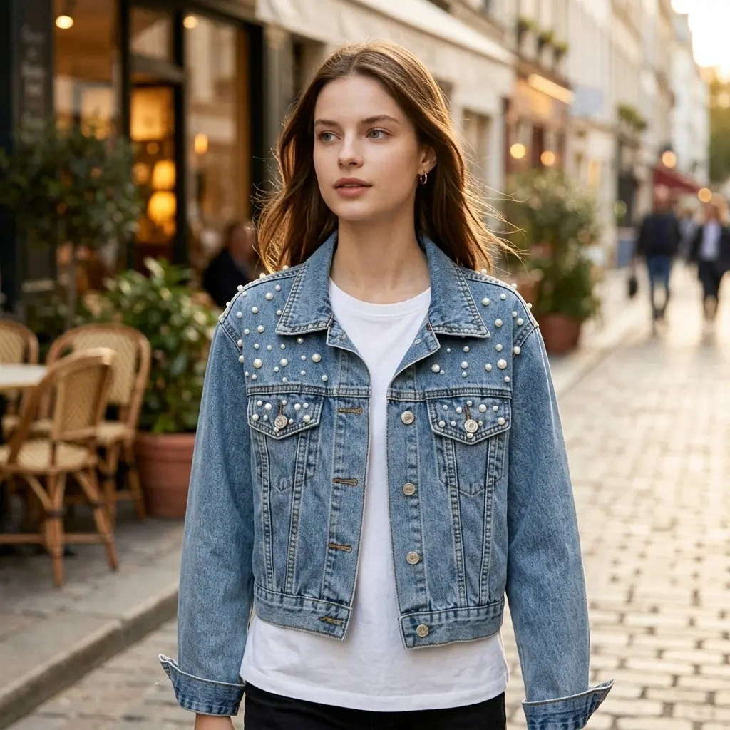 Women Pearl Beaded Cropped Denim Jacket, Loose Fit Fashion Lapel Jean Coat for Women, Casual Streetwear Outerwear, Black Friday Back To School Outfit