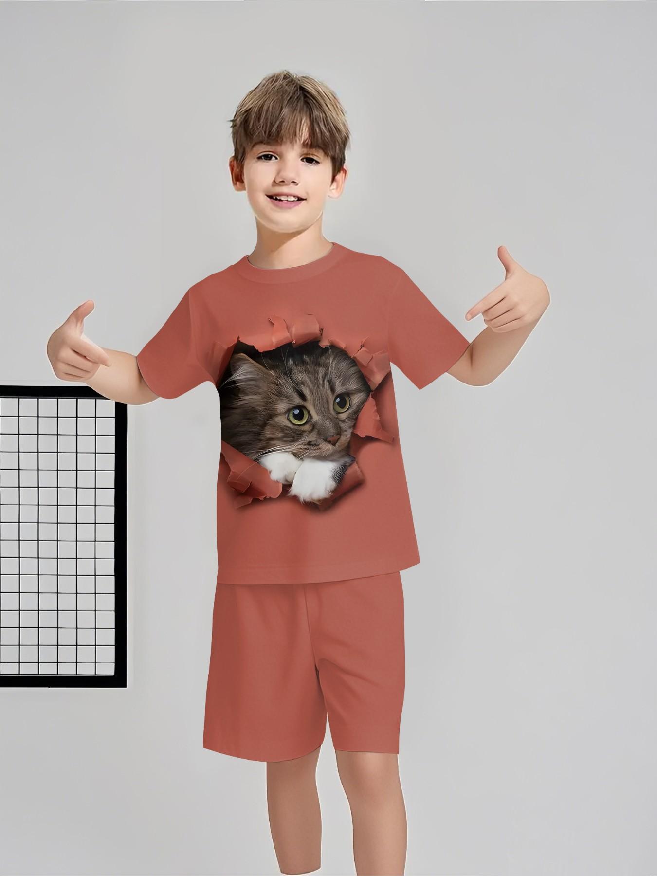 Brick red ripped 3D cat style two-piece short-sleeve shorts set, 100% polyester casual loose fit set, summer fun printed pattern, outdoor sports T-shirt set, perfect gift for boys
