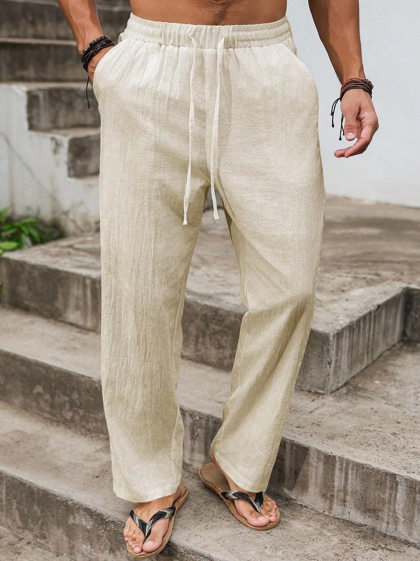 Men's Casual Loose Baggy Lightweight Linen Pants Solid Color Loose Fit Elastic Drawstring Waist Straight Legs Bottoms Summer Breathable and Soft Yoga Beach Long Pants with Pockets Wedding Partise Vacation Daily Going Out Dating Club Lounge Wear