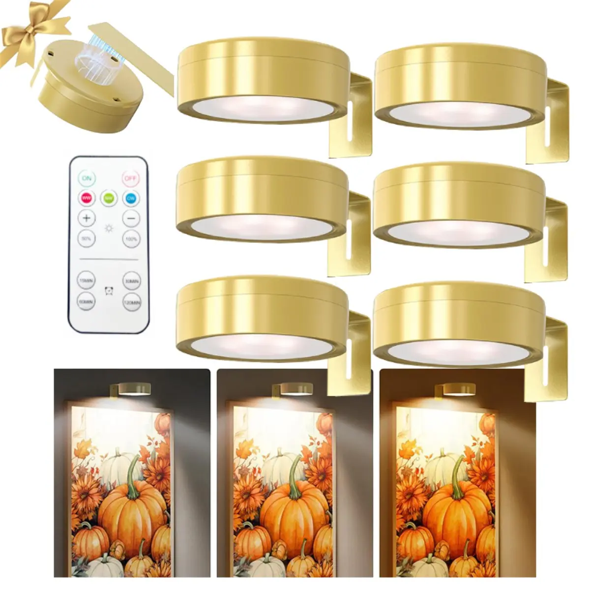 1/3/6pcs Gold Battery Powered LED Wall Light With Remote Control, Dimmable Color Temperature, Wireless Wall Lamp, LED Picture Frame Light, LED Painting Light, Wall Decor Lamp, Night Light, Led Wall Sconce (Batteries Not Included)