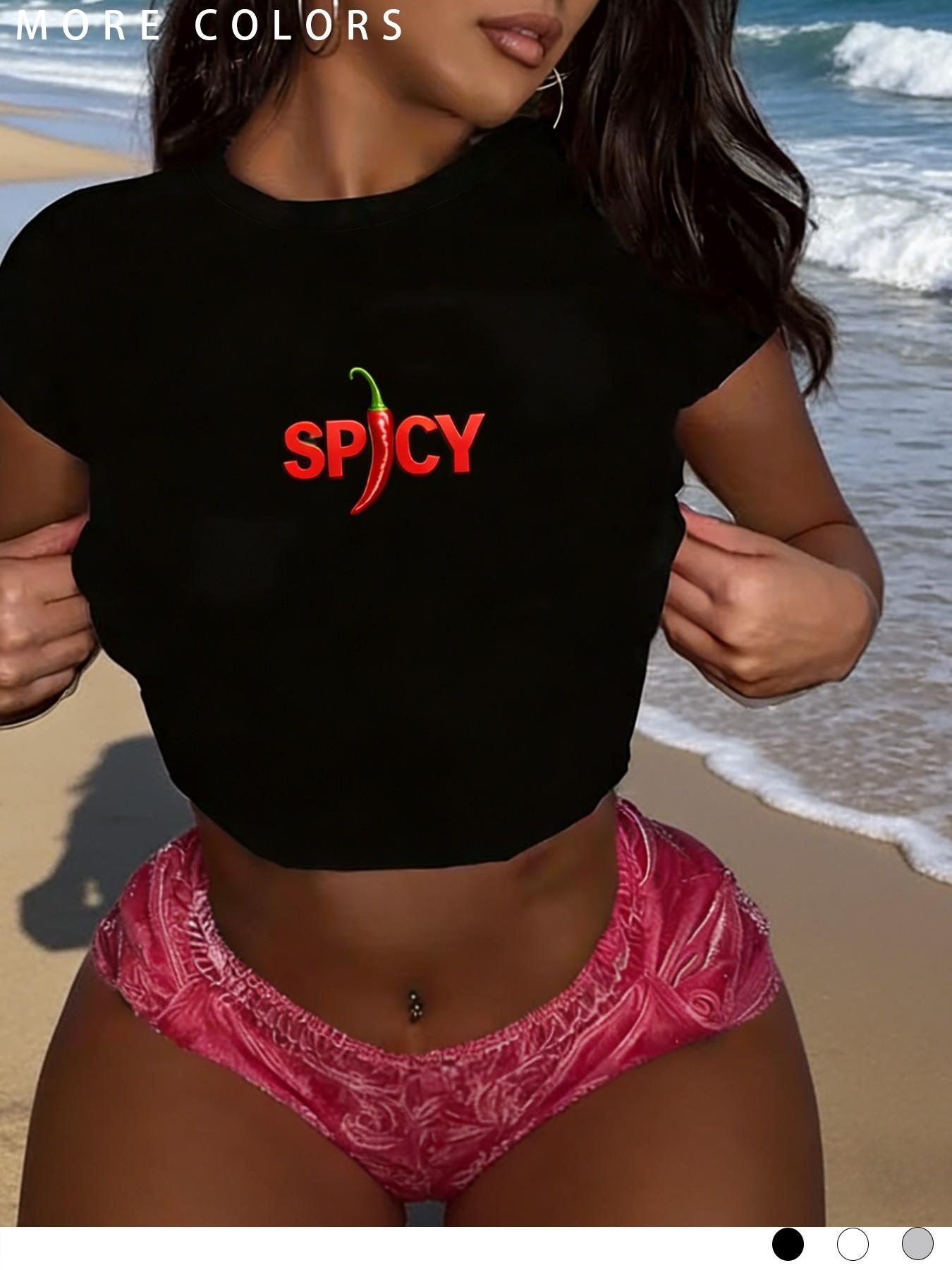 Women's Spicy Chili Pepper Print Crop Top, Casual Slim Fit Short Sleeve Tee, Y2K Trendy Graphic T-Shirt for Streetwear, Daily Wear, Going Out & Summer Outfits