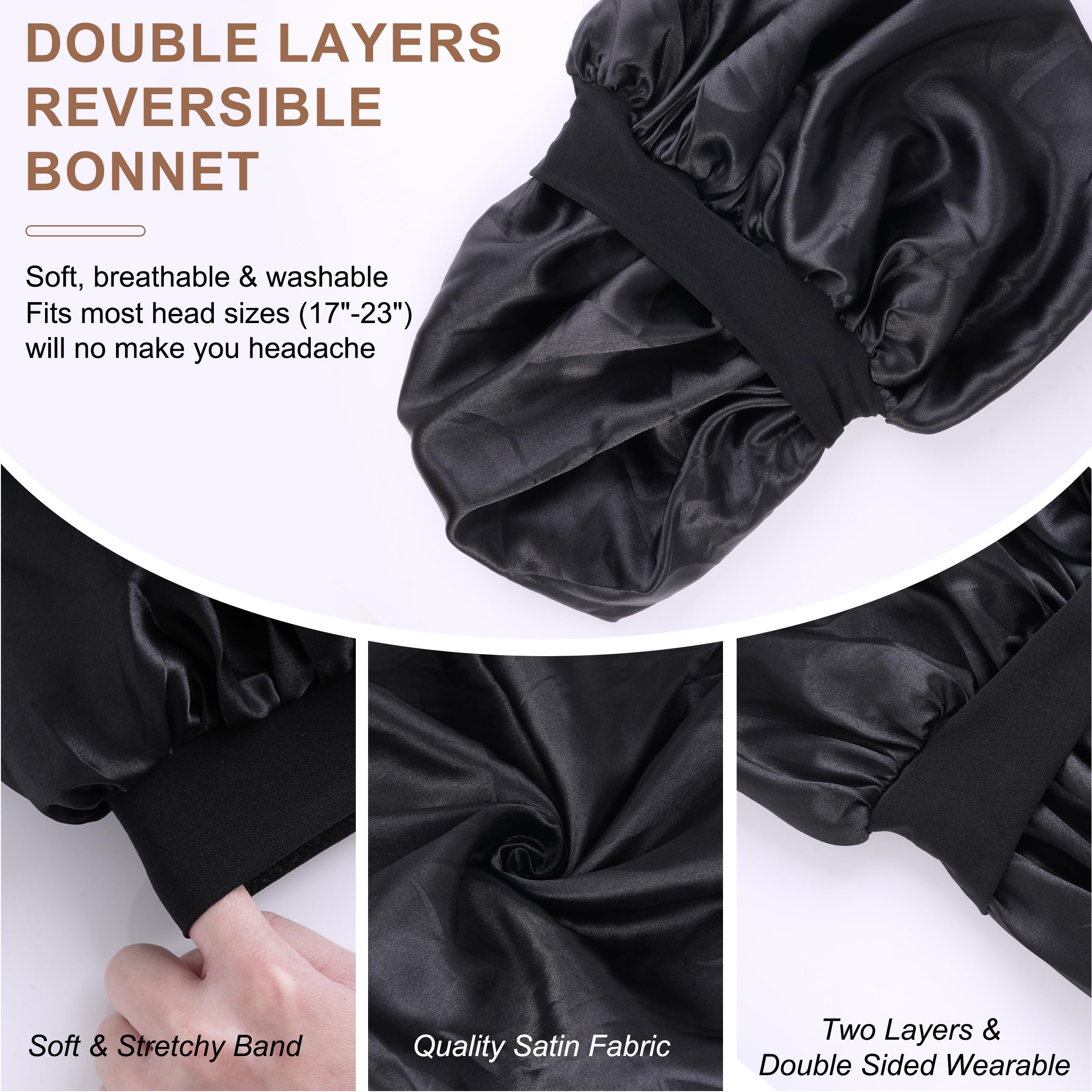 Double Layer Satin Hair Bonnet for Men & Women - Reversible Night Cap for Curly Hair - Black Satin Bonnet for Ultimate Hair Protection & Style - Ideal for Sleeping & Everyday Wear - Unisex Hair Bonnet for Men and Women