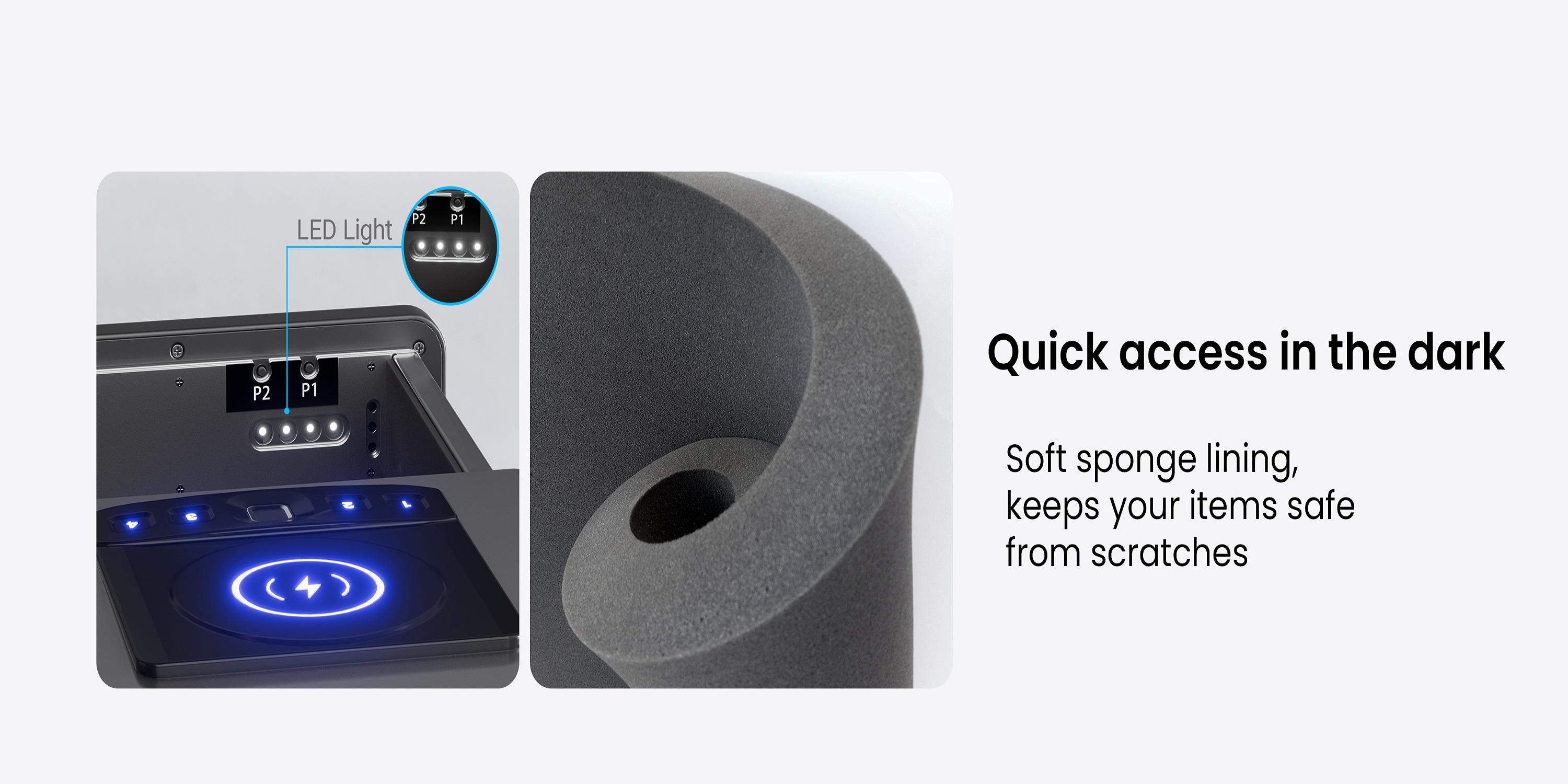 Grimtron Biometric Safe with LED Clock (Doj Certified)with 2-in-1 Watch & Phone Wireless Charging, BacklitKeypad, LED Light, Desk Nightstand Auto Pop-up Unlock(0.23 cu.ft.) Version 2.0