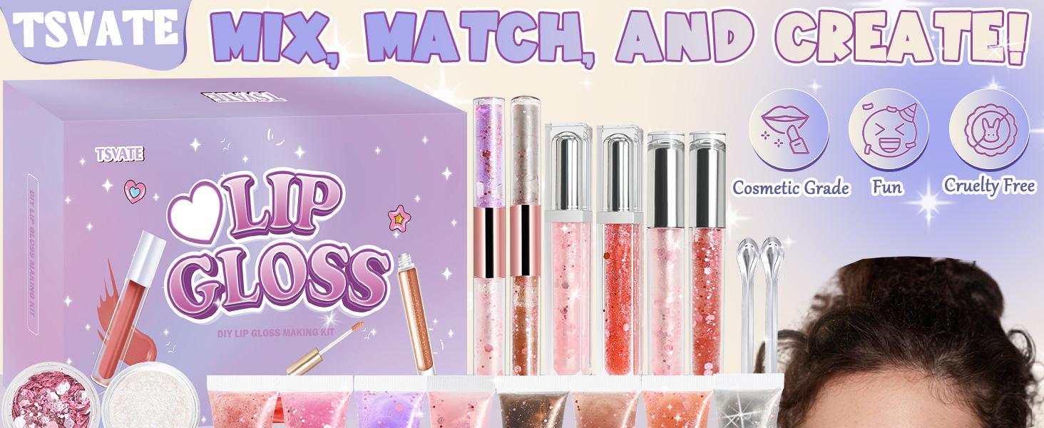 TSVATE Lip Gloss Making Kit, 58PCS DIY Lip Gloss Kit, Lipgloss Making Kit for Women, Beginner, Girls, Moisturizing Lipgloss Base Moist, Double-Ended Tubes, Jojoba Oil, Tween Girls Gift Trendy Stuff