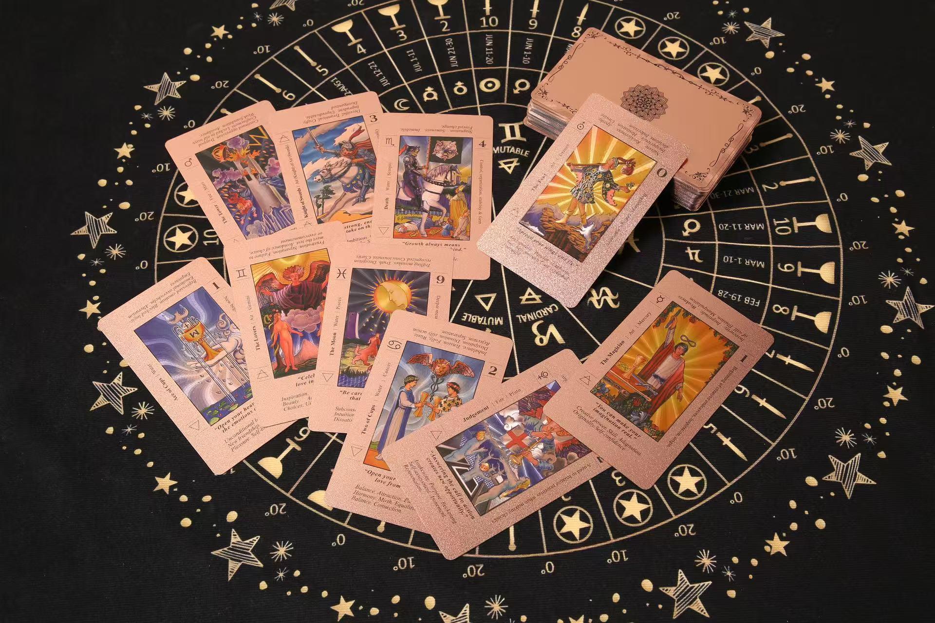 SDIK&SSIK Rose Gold Tarot Cards, Waterproof Wrinkle Resistant Foil Deck, with Guide Book, Suitable for Beginners, Including Chakras Planets Zodiac Signs Elements & Affirmations