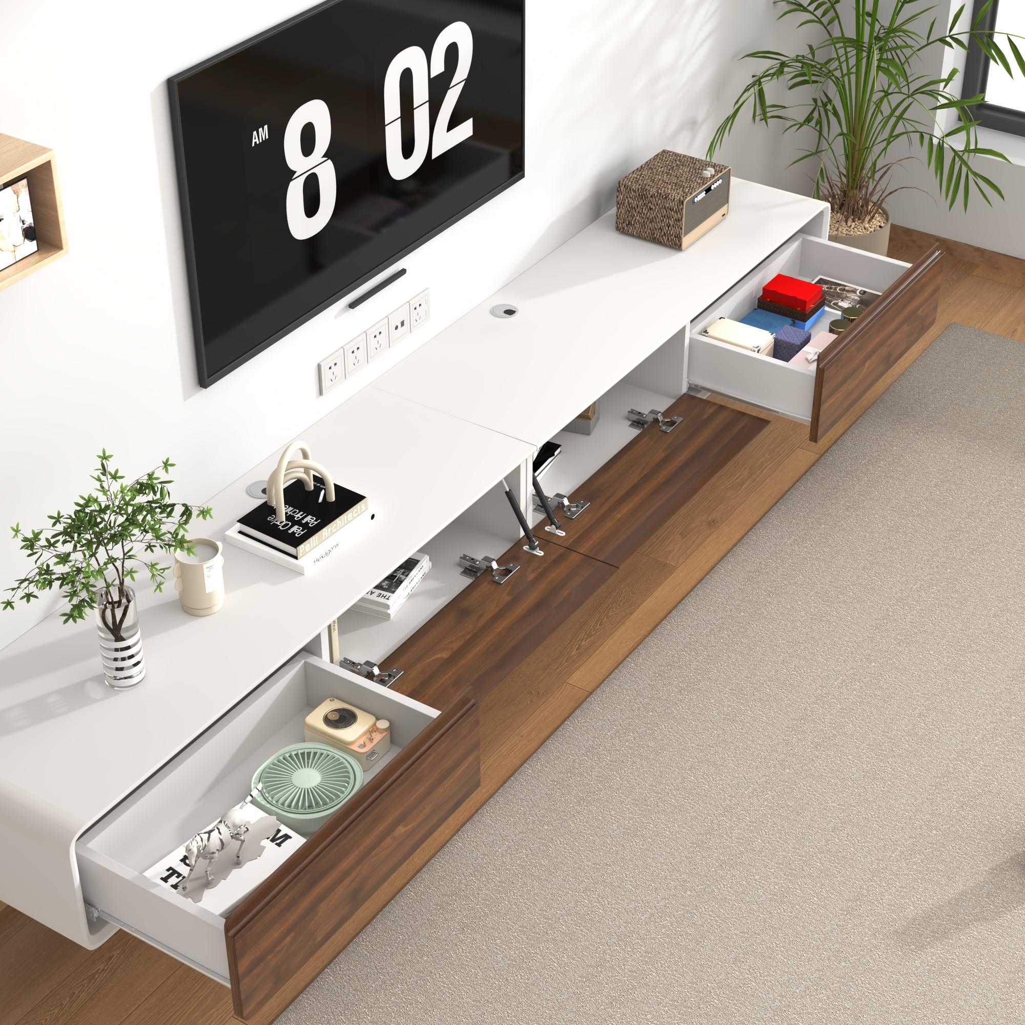 94.5" Minimalist Floating TV Stand for TVs up to 100 Inches, Modern Wall Mounted Media Console with 2 Drawers, Entertainment Center for Living Room, Black & Walnut/White & Walnut