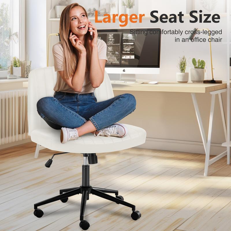 Armless Wide Swivel Office Chair with Cross Leg Seating, Adjustable Fabric Vanity Chair with Wheels and Fixed Base, Padded Seat, Grey