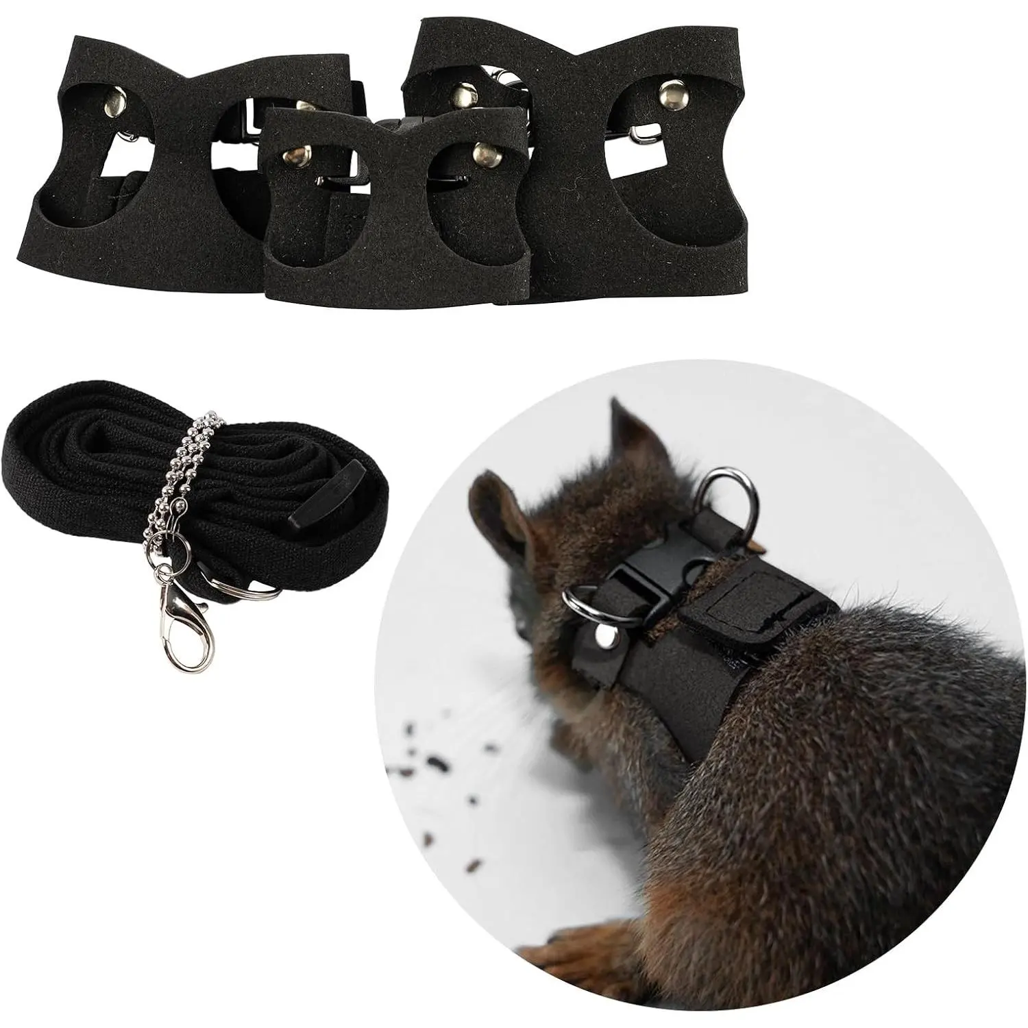 3Pcs Adjustable Rat Harness and Leash, Walking Training Vest Traction Rope for Small Animals Squirrel Gerbil Chinchilla (Black)