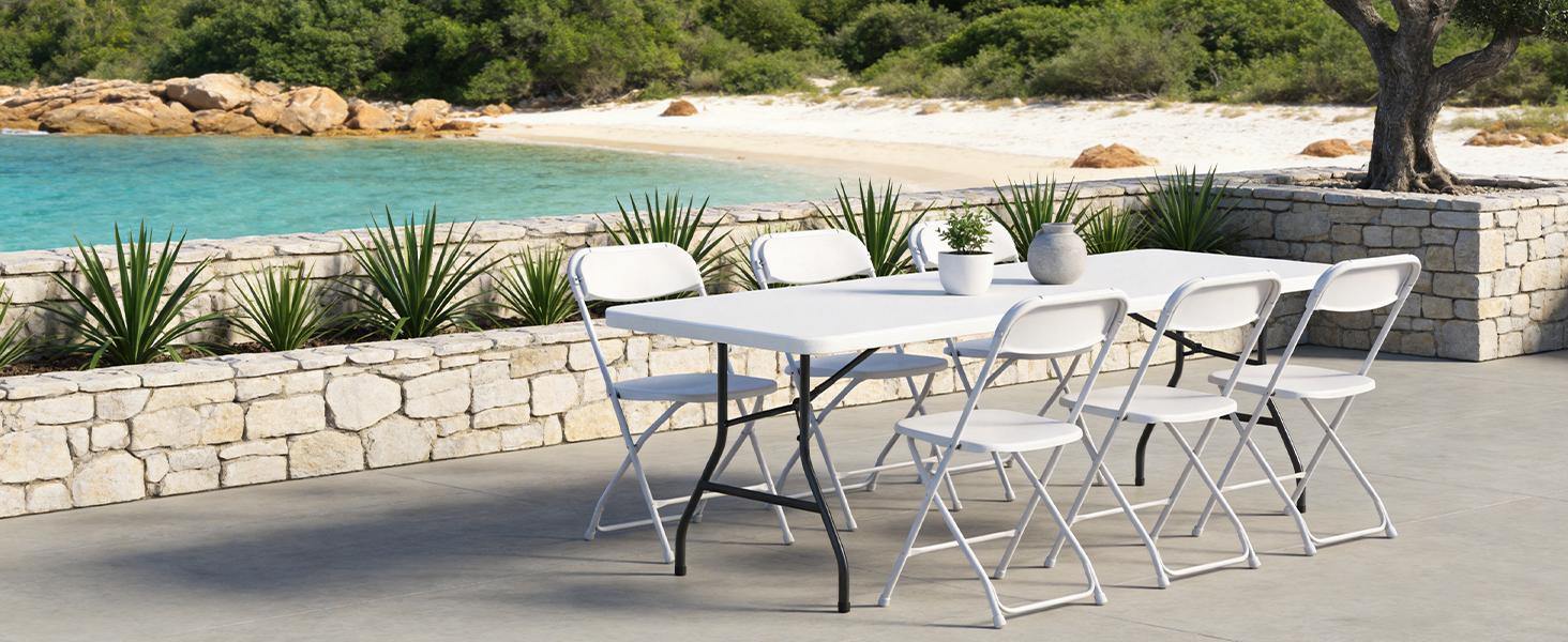 6FT / 36in Folding Table and Chairs Set for 4, Heavy Duty Fold-in-Half Plastic Dining Table with Carry Handle & 4 / 6 / 8 Folding Chairs, Portable Indoor Outdoor Table Set for Party, Camping, BBQ