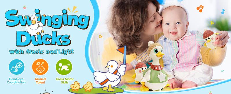 HOLA Musical Light Up 3 Pack Crawling Swinging Ducks Interactive Baby Toy with Exploration Motor Activities Developmental Tummy Time, Christmas Gifts, Sensory Stimulation Infant Toddler Toy Set for 1-3 Years Newborn Cute Gifts