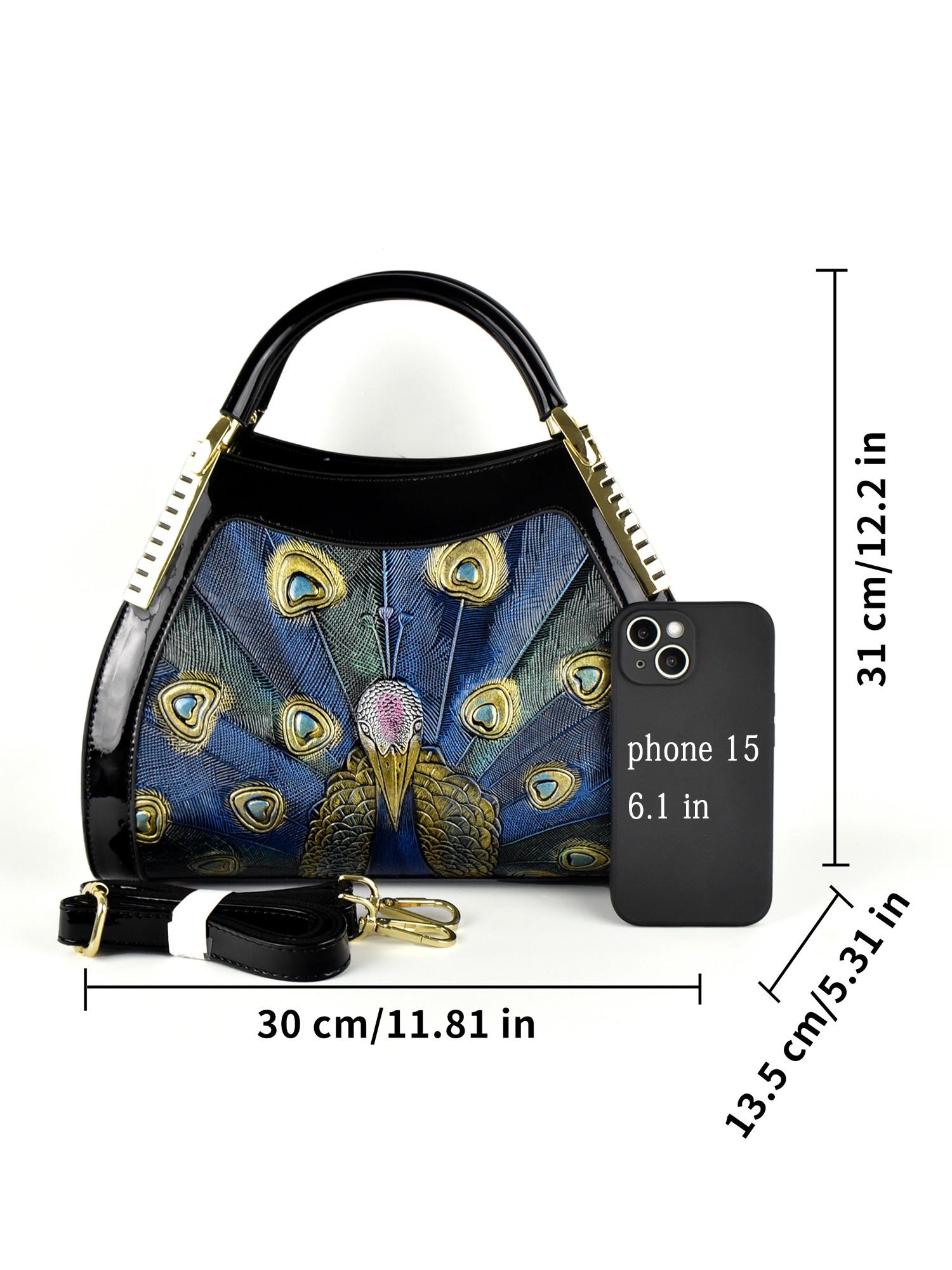 Designer Peacock Design Women's Handbag, Elegant Feather Pattern Boston Bag, PU Material, All Seasons Fashion Accessory