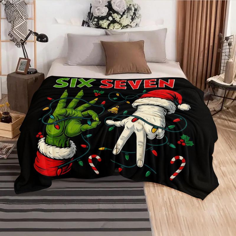 Personalized Christmas Number 67 Flannel Blanket, Grinch Gesture Decorative Warm Home Blanket, Ideal for Home Office Travel Camping