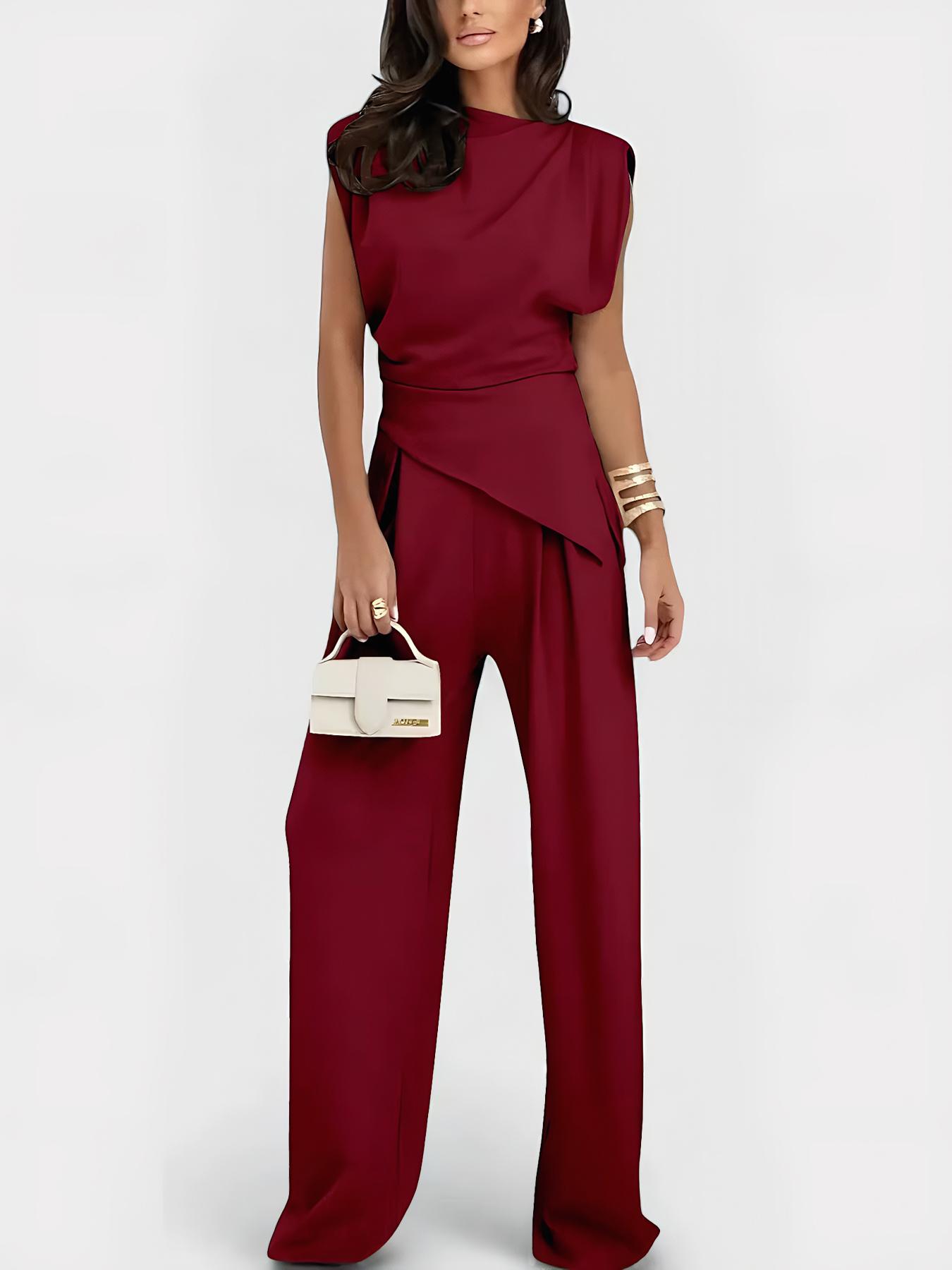 Women's Plain Elegant Asymmetrical Hem Sleeveless Top Long Pants Set, Stylish Casual for Daily Wear, Comfortable, Trendy and Slim