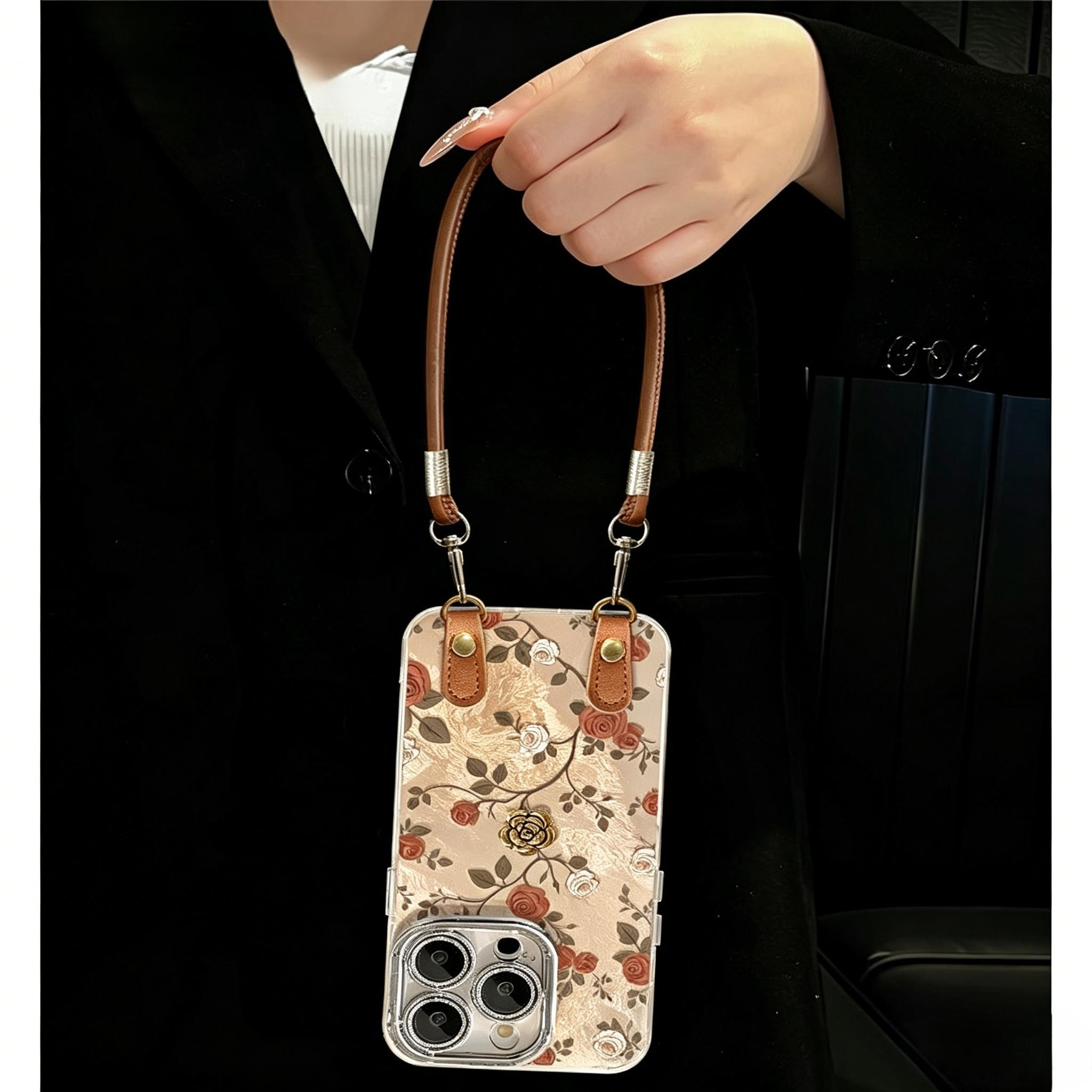 Vintage Rose Phone Case for iPhone 17 Pro Max, Luxury Acrylic Cover with Leather Wrist Strap, Full Camera Protection Shockproof Case, Elegant Floral Aesthetic for Women Girls