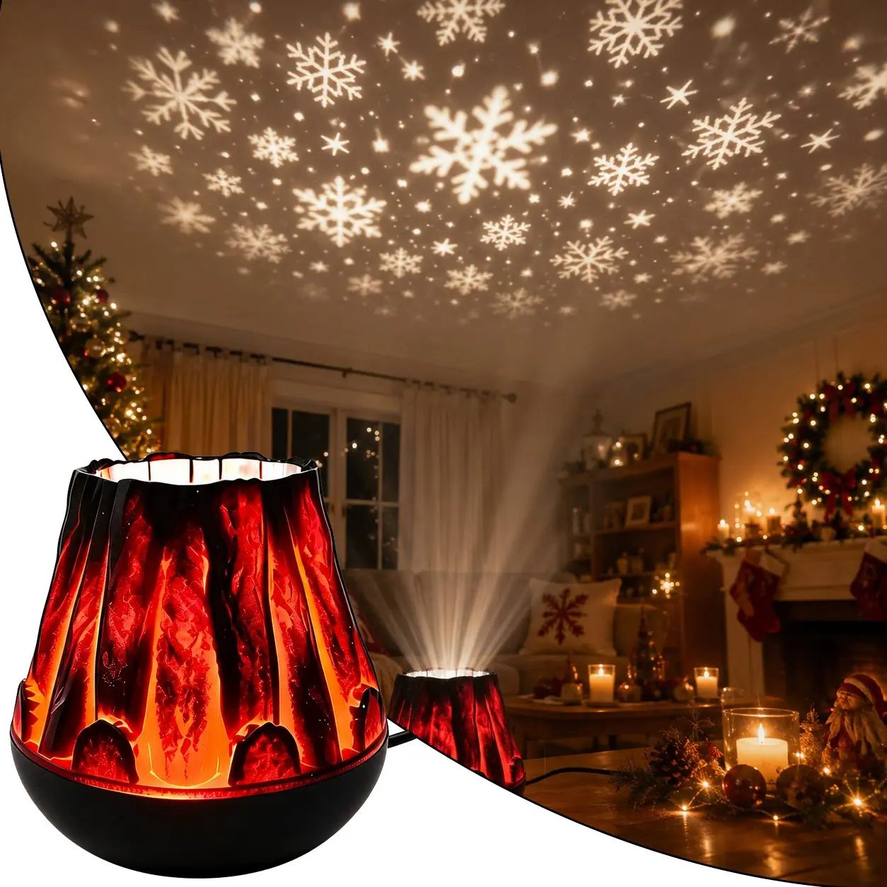 USB Powered Dynamic Flame Lamp, Rotating Snowflake Projector, Dual-Use Home Decor Table Light, Christmas Atmosphere Lamp, Stage Projector