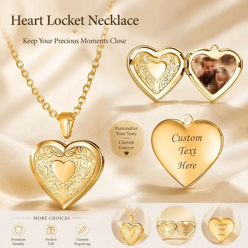 Heart Locket Pendant Necklace, Custom Photo DIY Couples Necklace Personalized Keepsake Jewelry for Men and Women