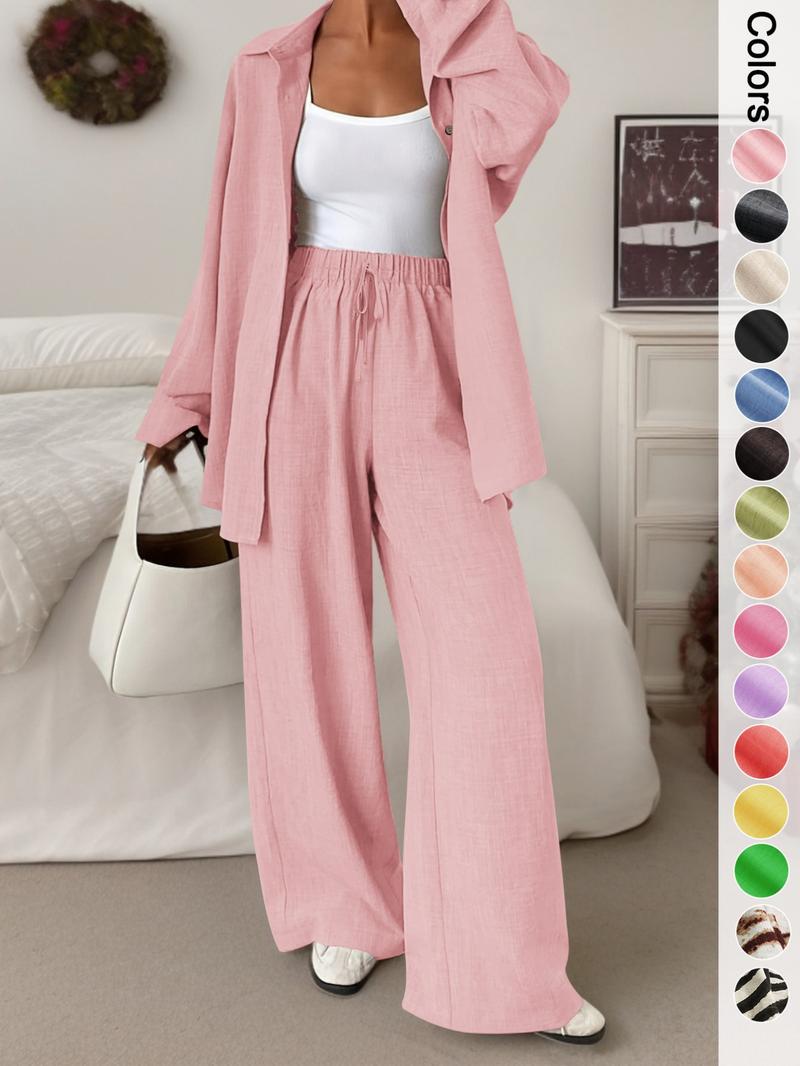 Women's Casual Sporty Shirt Long Pants Set, Loose Button-Up Top Wide Leg Pants Two-Piece Set, Comfortable and Stylish