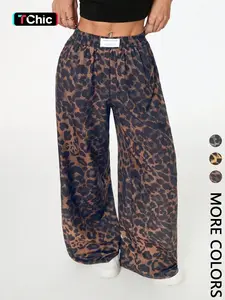 Women's Leopard Print Wide Leg Pants, High Waist Elastic Waist Loose Fit Street Style Long Pants, Fashionable Casual Wear