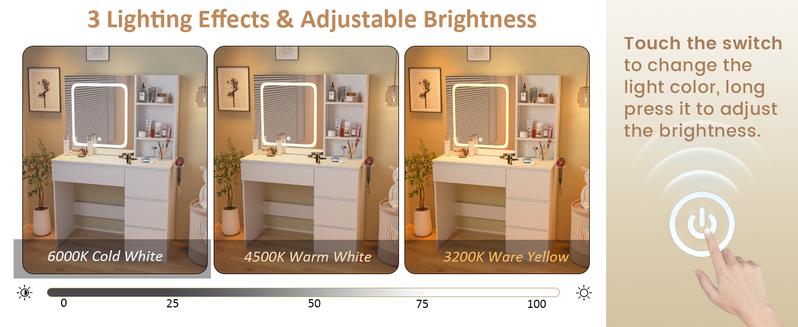 Vabches Vanity Desk with Mirror and Lights,Make Up 4 Drawers Table with Glass Door Storage Cabinet,Charger Station,3 Lighting Color Dressing Table for Bedroom,37inch