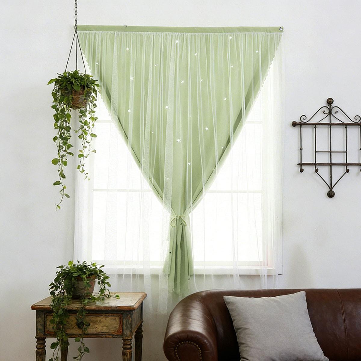 Starry Two-Layer Curtains, No-Drill Bedroom Girl Style Light Blocking Drapes, Balcony Window Windproof Sheer Curtain with Magic Tape