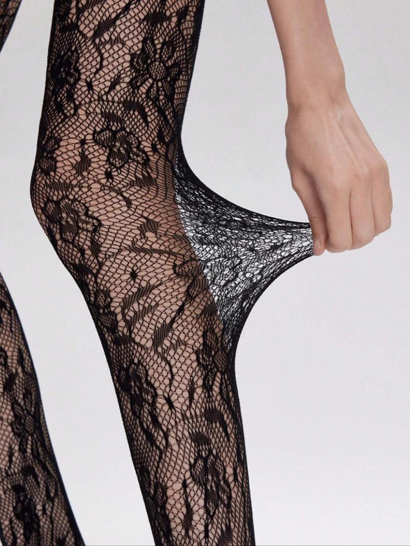 Thin Solid Color Sheer Hollow Out Pantyhose, Sexy Lace Net Stockings, Black & Wine Red For Women