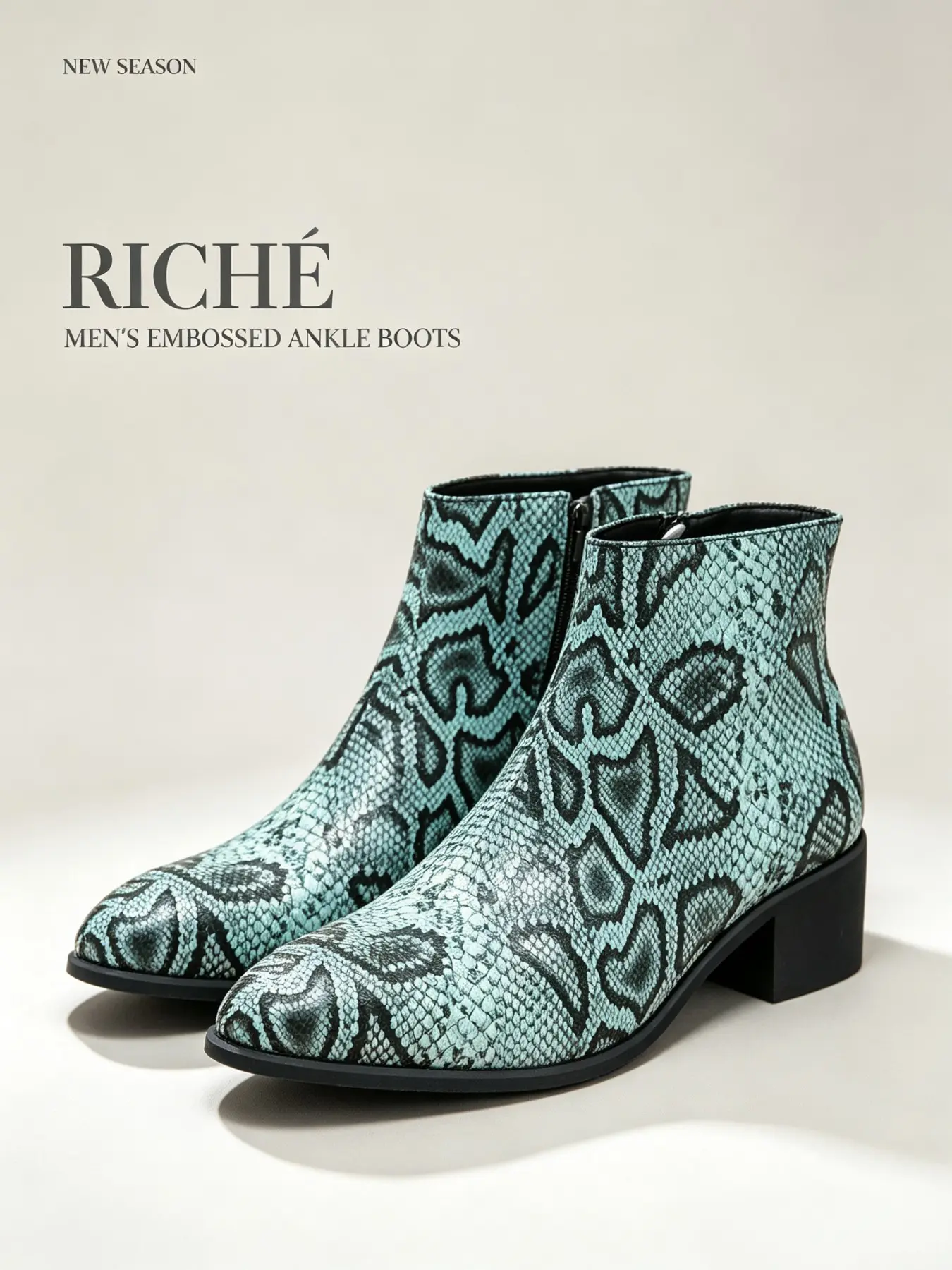 Men's Trendy Embossed Pointed Toe Short Boots, British Style Side Zip Thick Heel Ankle Boot, Casual Snakeskin Print Fashion Shoes