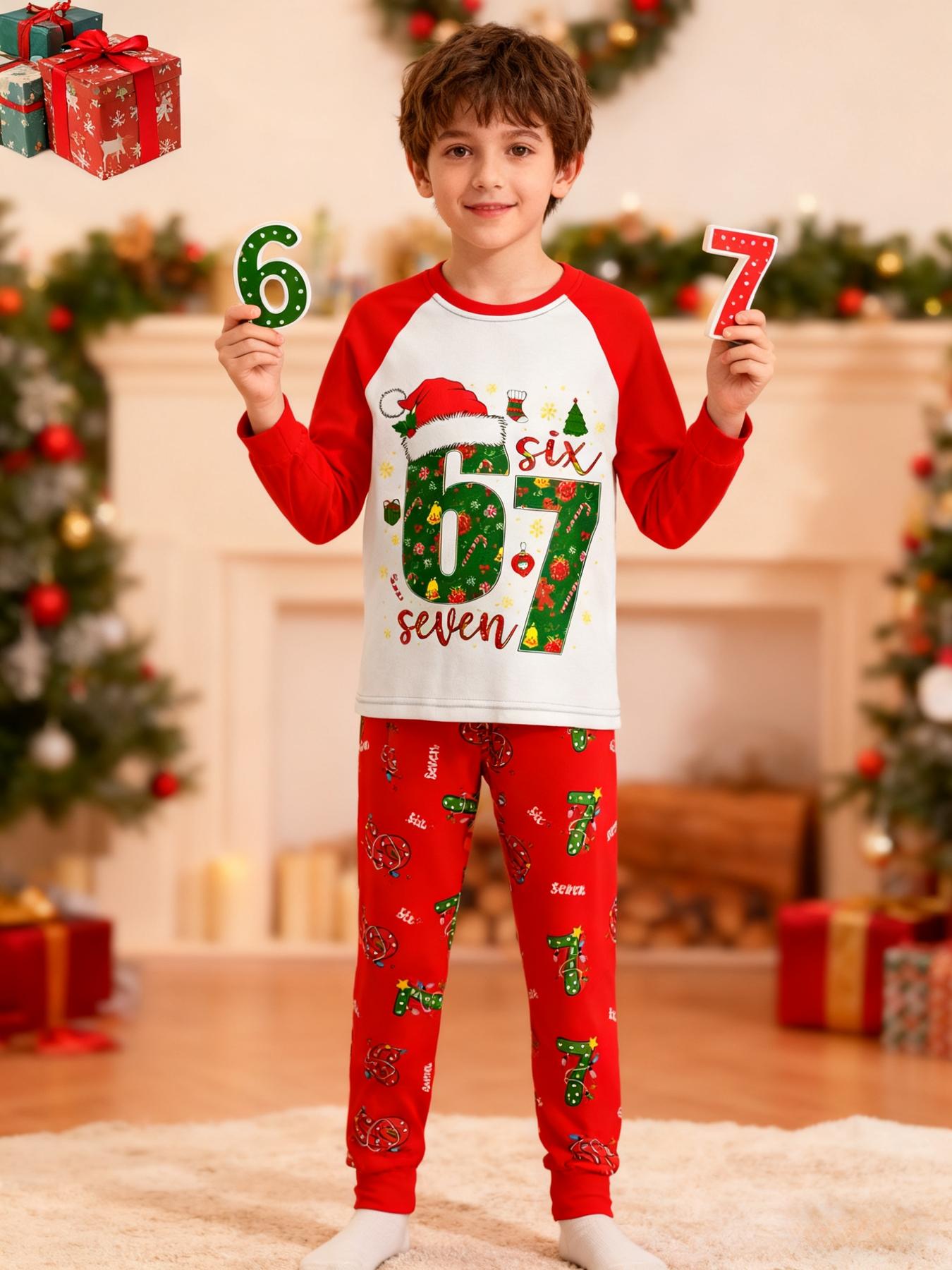 #67 Funny Kids Sleepwear Set Pajamas Christmas, Six Seven  Theme Fashion Print, Comfortable Soft Fabric, Holiday Gift Essential, Cartoon Print Pajama