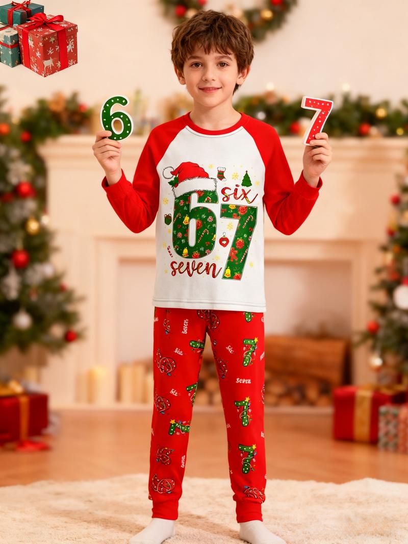 Kids' Christmas Santa Hat Print Pajama Set, Comfortable Soft Pajama Set For Holiday Gift Essential, Cartoon Print Pajama