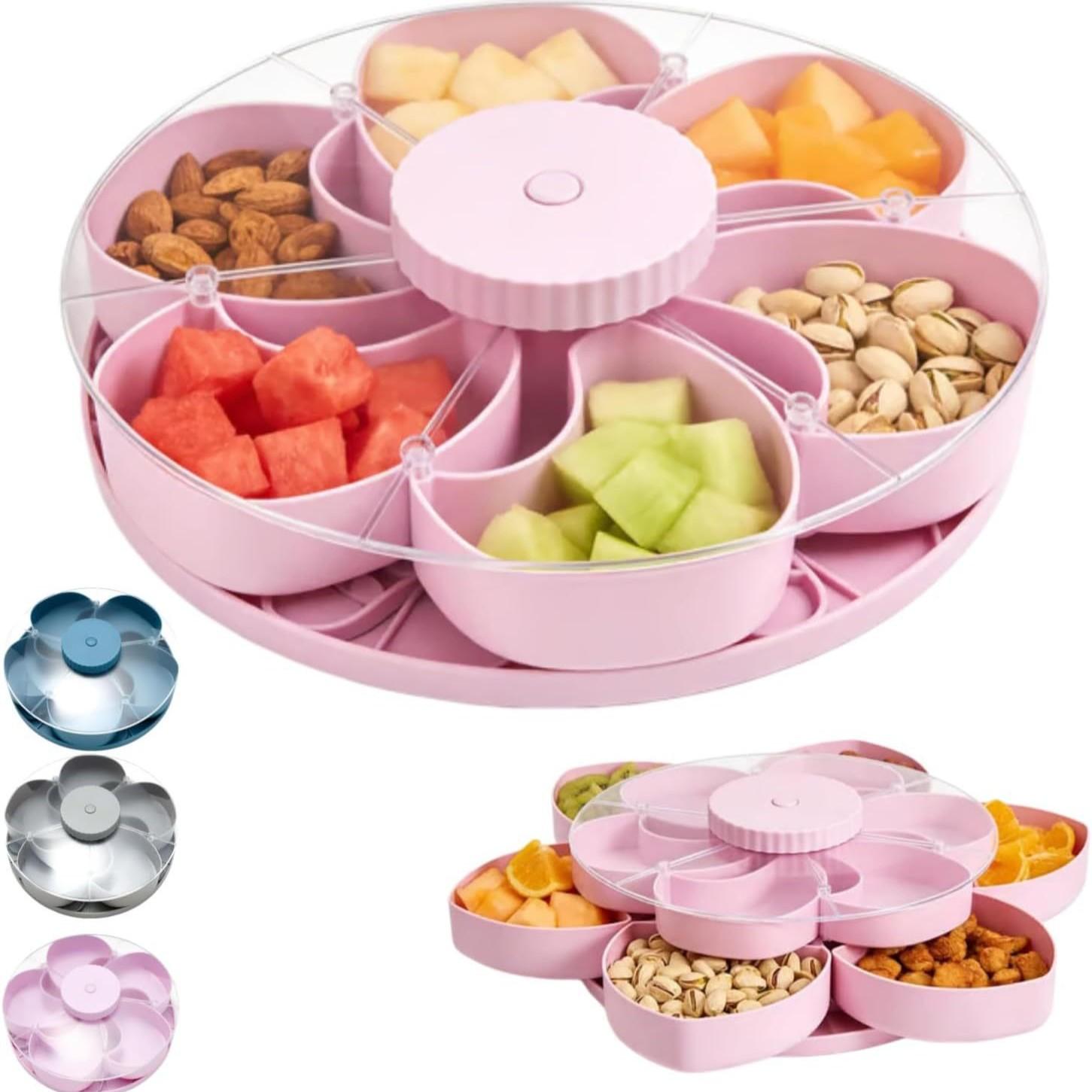 Stackable Snack Box Container with Lid, Rotating Round Vegetarian Tray, Portable Fruit Candy Storage for Kitchen, Party, Travel, Picnic