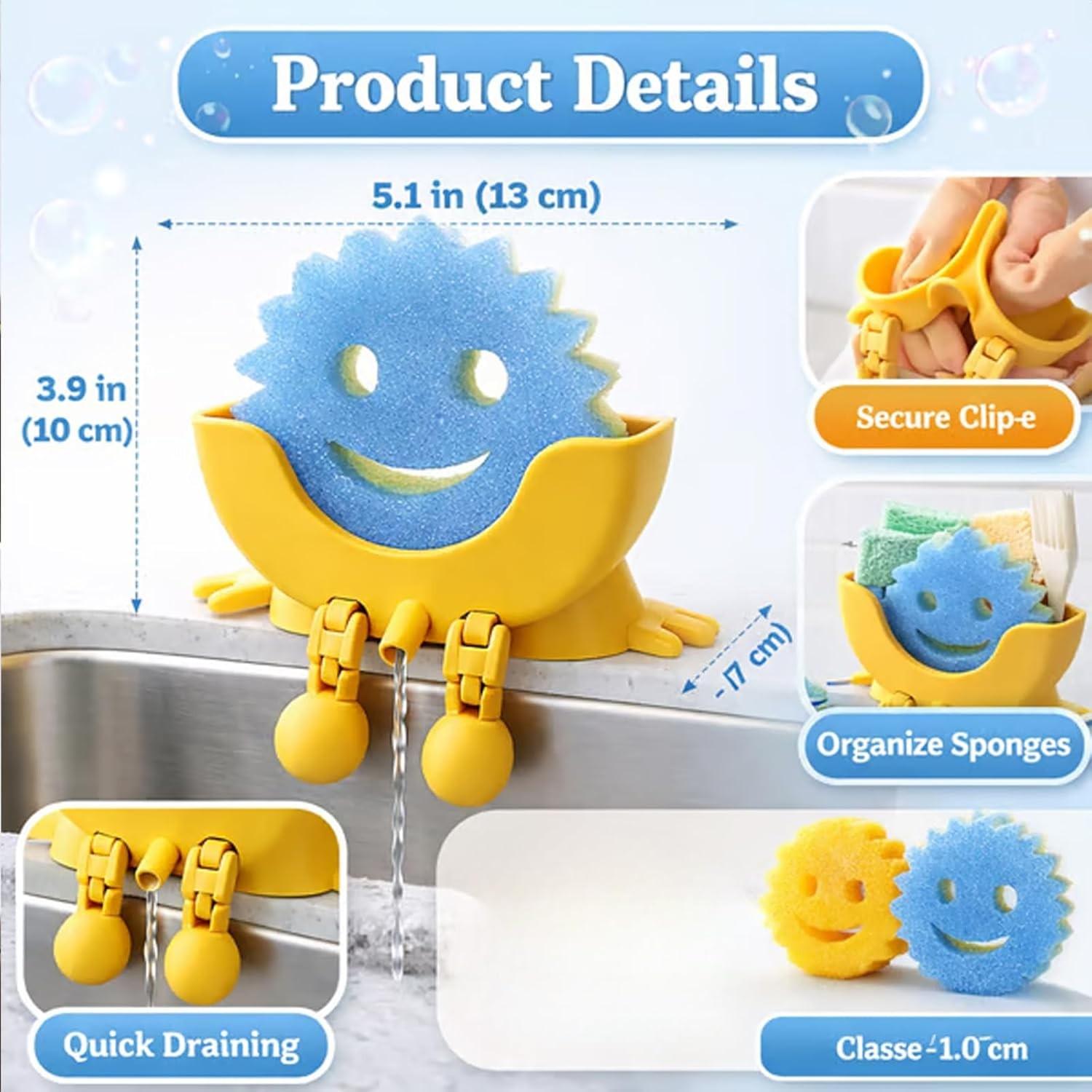 3D Printed Sponge Holder for Scrub Daddy Cute Smiley Sponge Holder with Drainage Funny Sponges Stand for Kitchen Sink Accessories Organizer Storage Utility Declutter Gadgets