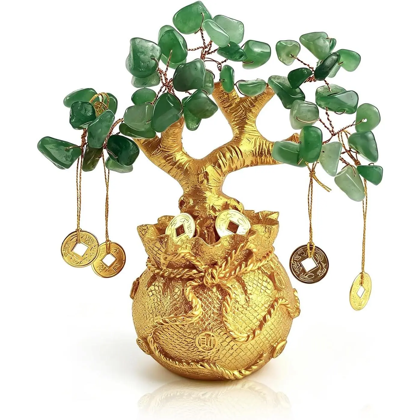 Green Aventurine Feng Shui Money Tree, Handmade Crystal Bonsai with Gold Fortune Bag Base & Lucky Coins, Natural Gemstone Meditation Decor for Office Desk, Home Wealth Good Luck Gift