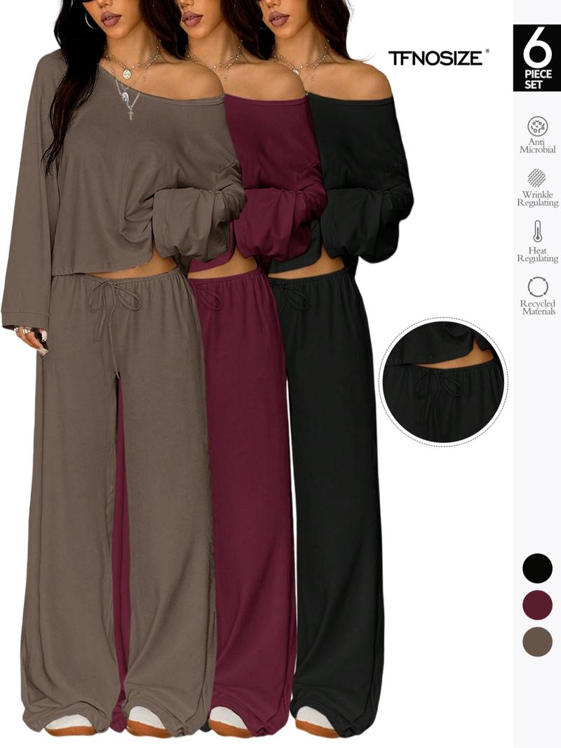 Women's 2-Piece Sleepwear Set, Elegant Solid Color Loose-Fit Long Sleeve Thermal Top and Pants, Pajama Set for Autumn and Winter