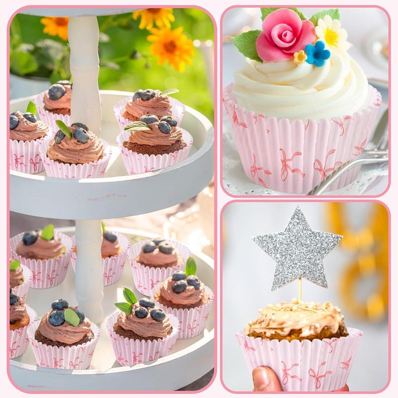 100pcs Pink bow cake paper cups, baking oil-proof disposable cake paper trays, birthday party decoration packaging supplies,Muffin Cupcake Liners 5*3cm ,Home Baking Supplies for Wedding, Birthday, Valentine's Day and Various Occasions