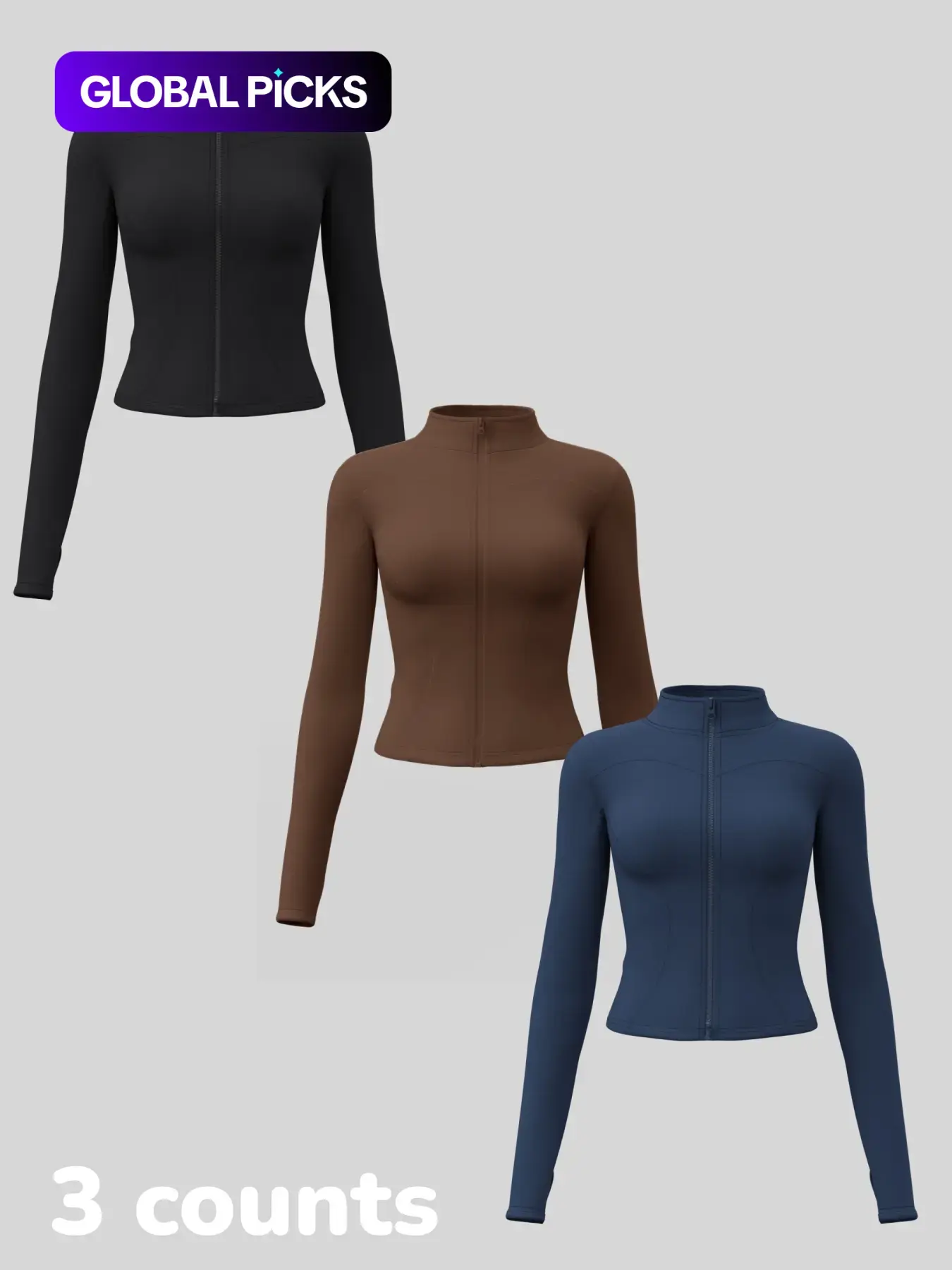Women's Long Sleeve Yoga Jacket Set, Sports Outerwear, Athletic Jackets, High Neck Zipper Closure, Quick-Dry Fitness Top, Tight-Fitting Sports Wear, Athletic Sports Clothing, Workout Clothes Women, 3 Piece Pack