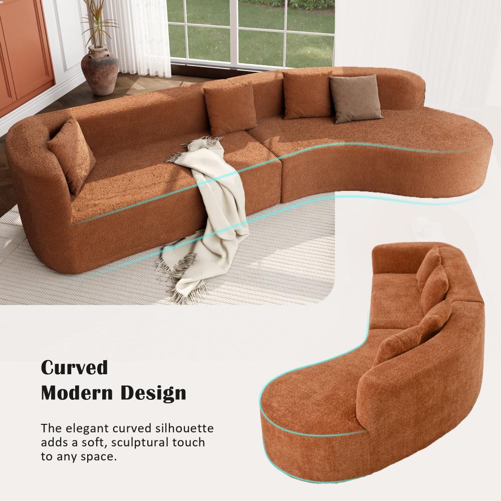 132" Modern Curved Boneless Sectional Sofa Set - 2-Piece Chenille Sturdy Pre-Assembled Couch, Dual-Seater Combo with 4 Pillows, Plush Sponge-Spring Cushions, Spot Clean for Living Room