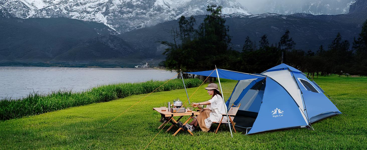 Night Cat Family Camping Tent - 2-3 Person Instant Hydraulic Setup Foldable Dome with Detachable Porch, Double Layer 210D Oxford Waterproof Canopy, Windproof Portable Comfy Tent with B4 Mesh, Moisture-Proof 190T Polyester Fabric for Car Camping