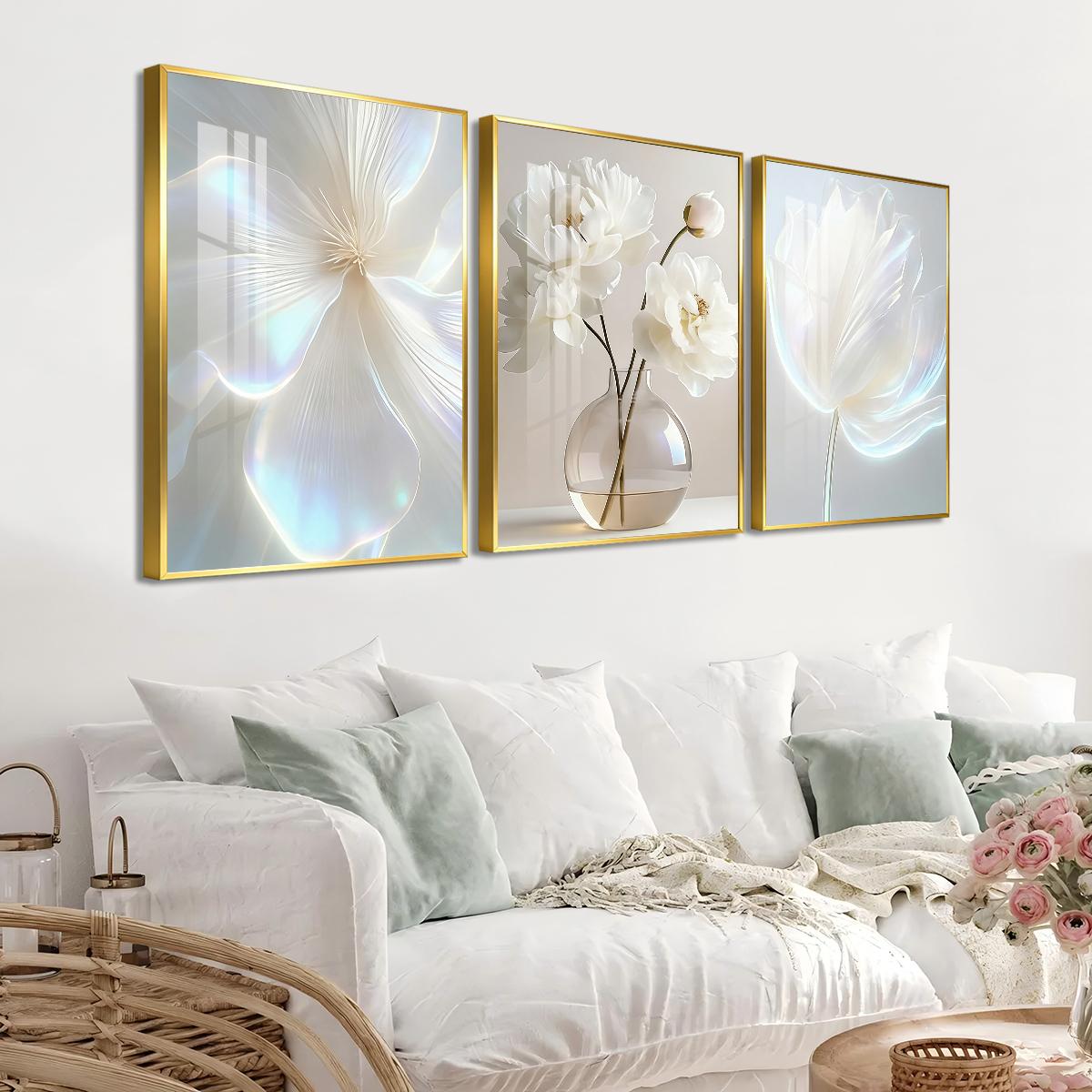 3 Counts Aluminum Alloy Framed Painting, White Floral Vase Artwork, Home Decoration For Living Room, Bedroom, Office, Restaurant, Hallway Wall Decor, Odorless Print Artwork, Luxury Perfect Gift For Friends And Family