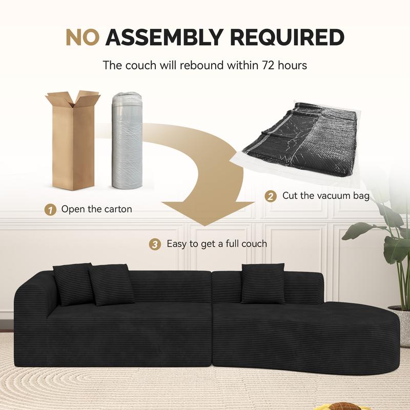 【Shipped in Two Packages】Modern Style Curved Sofa, Upholstery Corduroy Sofa Couch with 3 Pillows, Oversized Sleek Curved Sectional Boucle Fabric Couch for Living Room White