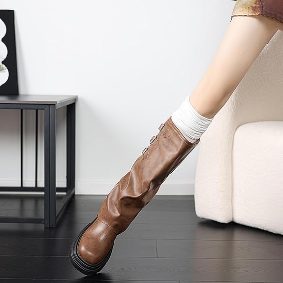 EROCALL Women's Goth Platform Riding Boots Pull On Buckle Boots Fold Over Tall Knee High Boots  Slouchy Fold Over Motorcycle Riding Boots With Buckle Women's Wide Mid Calf Casual Comfortable Moto Biker Boots