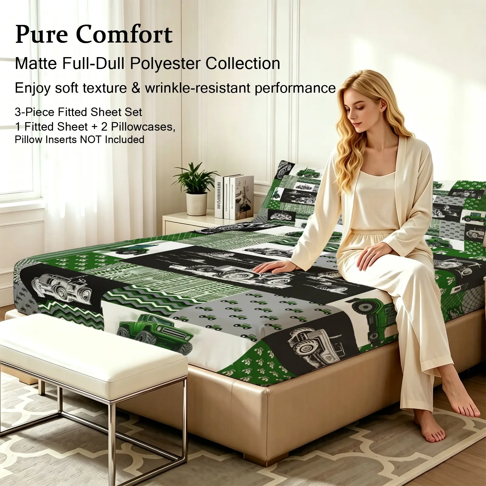 3pcs Fitted sheet Vintage Green Truck Patchwork Pattern Bedding Set Soft Matte Full-Dull Polyester Wrinkle Resistant Breathable Fade Proof for Bedroom Home Dorm Full Queen King Size