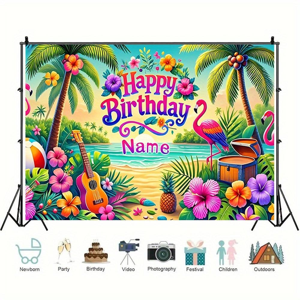 2D Flat Banner polyester photography backdrop, HD digitally printed soft lightweight foldable background cloth, vibrant tropical beach flamingo birthday party theme with palm trees, flowers, ukulele, pineapple, and ocean, ideal fo