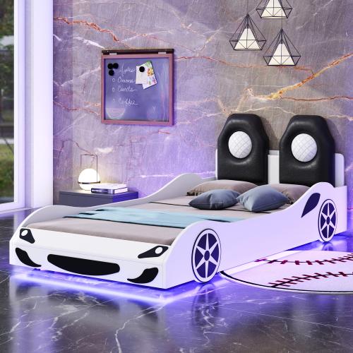 Wood Twin Size Race Car-Shaped Platform Bed with LED and Upholstered Backrest