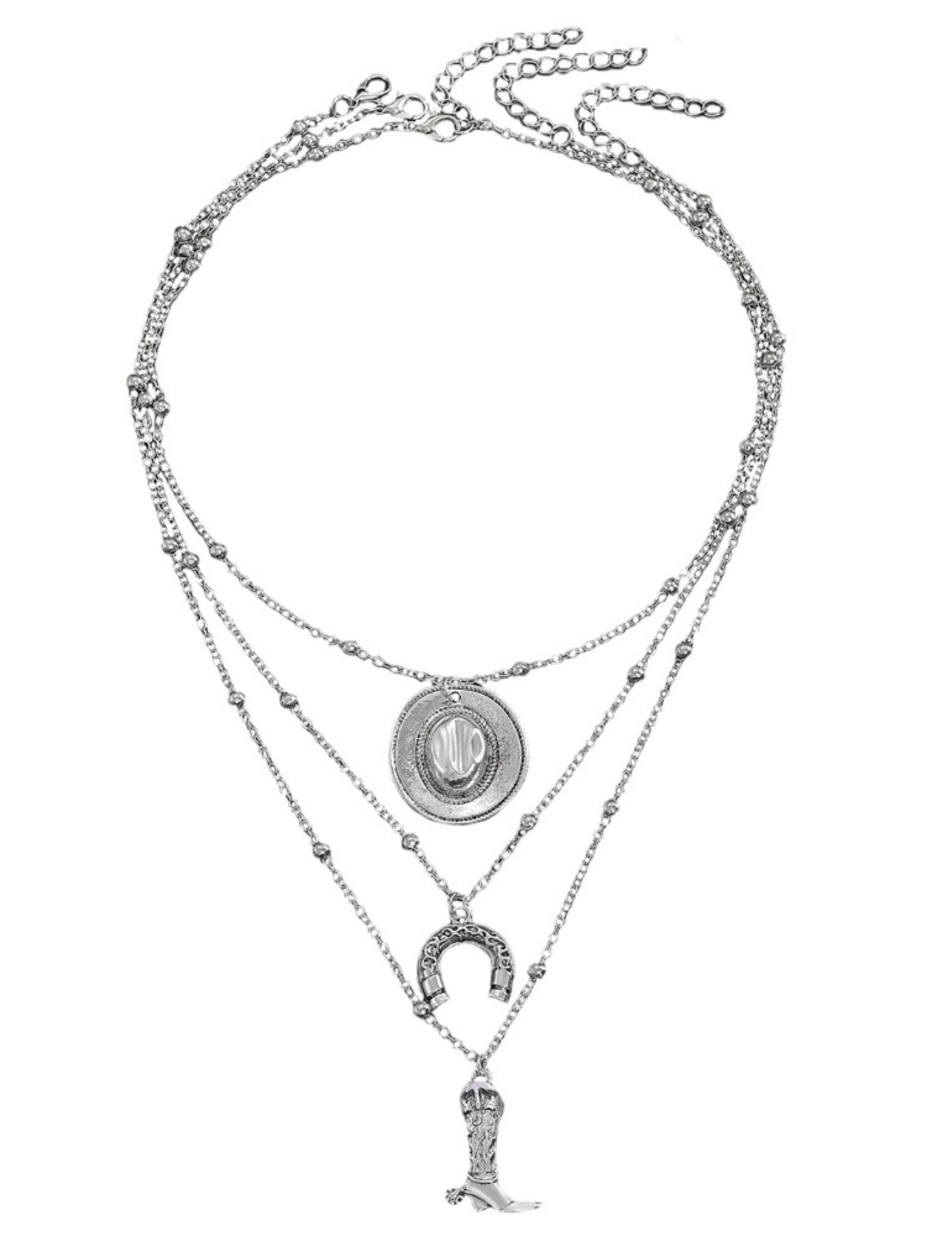 3-Layer Retro Alloy Western Cowboy Necklace Set, Stylish Layered Design, Perfect for Western, Durable Alloy Material