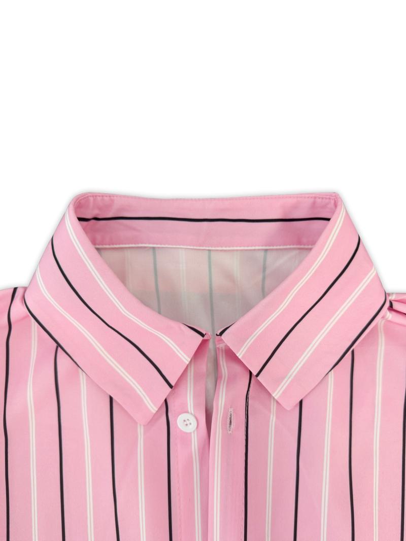 Women's All Over Striped Print Button Front Shirt, Casual Elegance Style, Casual Long Sleeve Top for Spring & Fall, Ladies Clothes for Daily Wear