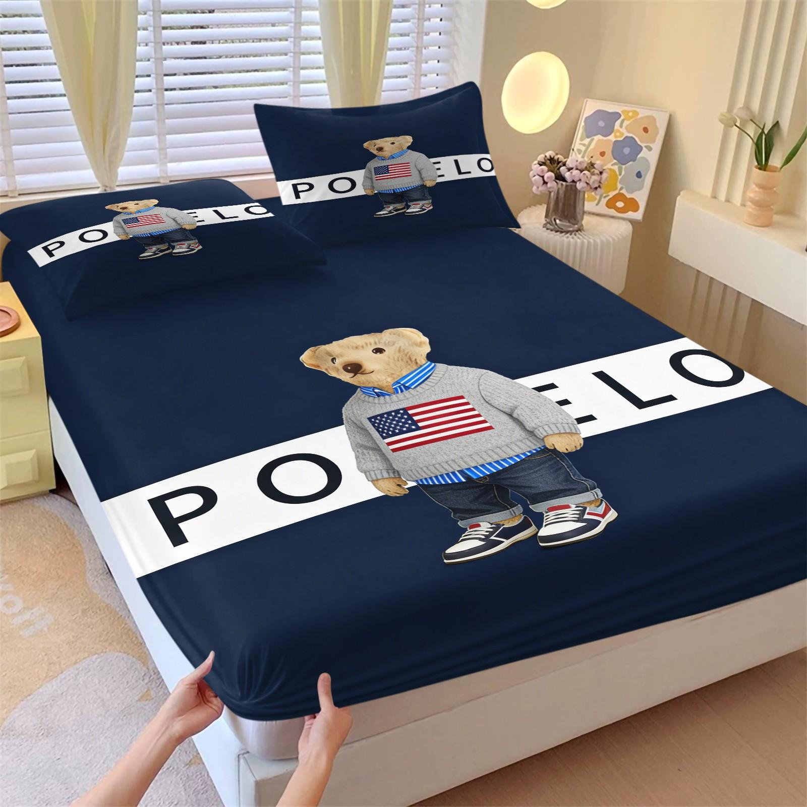 Teddy Bear Pattern Bed Sheet, Comfortable Printed Pattern, Includes 1 Bed Sheet and 2 Pillowcases, Comfortable Bedding, Non slip Dust Cover Suitable for Bedroom and Guest Room, Suitable as a Gift for Children or Adults, Bedsheet