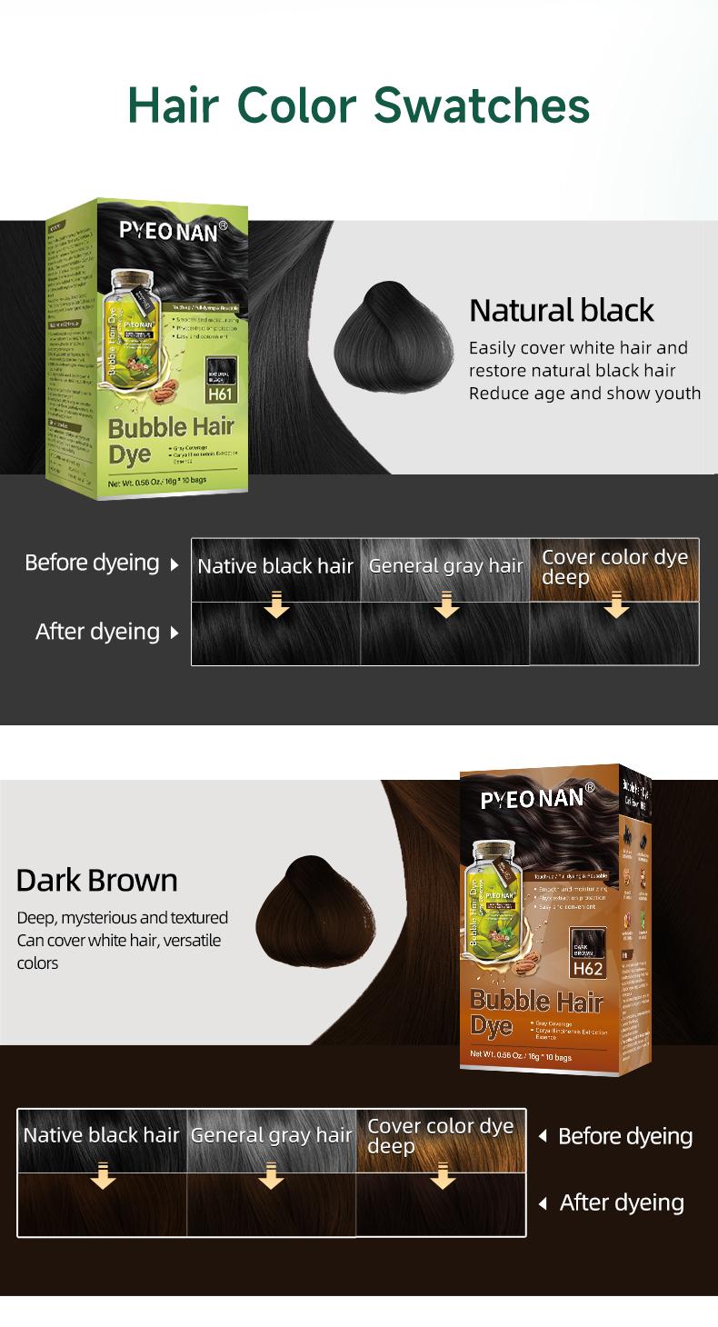 PYEONAN Unisex Bubble Hair Dye, Ammonia-Free, Natural Plant Extracts, 2-in-1 for Gray Coverage and Hair Care, Gray Hair Turns into Black or Dark Brown with Herbal Ingredients, No Bleaching, 10 Bags Hair Color 5.6 Oz./160g