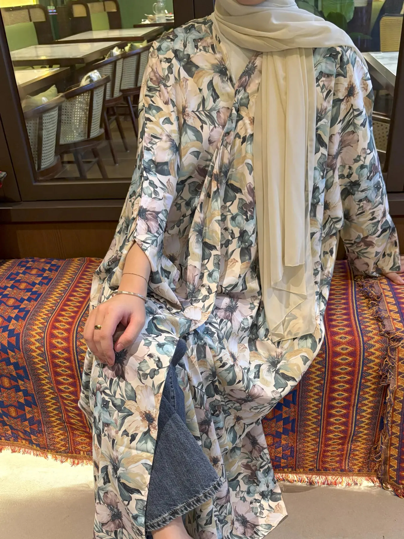 Elegant Open Front Long Robe & Headscarf Set, Fashionable Beautiful Floral Print Abaya with Hijab, Elegant Islamic Clothing for Vacation, Parties and Gatherings